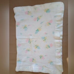 Vintage Baby Blanket Morgan? Pastel Flowers Satin Trim Waffle Weave